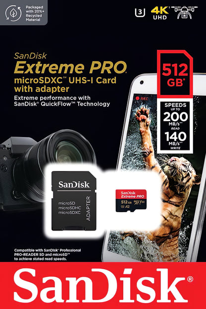 Carte mémoire microSDXC SanDisk Extreme Pro, 512Go, Classe 10 / UHS-1 U3, Avec Adaptateur SDSQXCD-512G-GN6MA