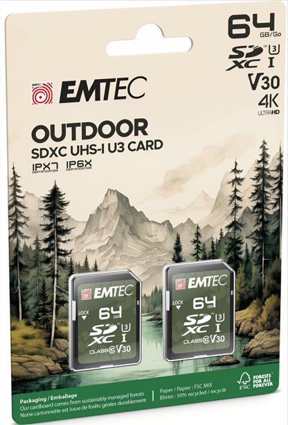 Carte Mémoire SDXC Emtec Rugged Outdoor, 64Go, Classe 10 / UHS-1 U3, Lot de 2 pièces ECMSD64GXCU3ORP