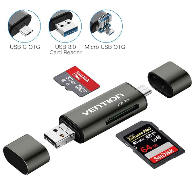 Lecteur de carte USB / USB-C / microUSB Vention, SD - microSD, Gris CCJH0