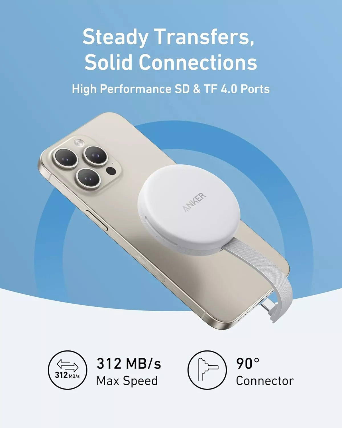 Lecteur de carte USB-C Anker MagGo pour Apple iPhone USB-C, SD - microSD, Blanc A83D1G21