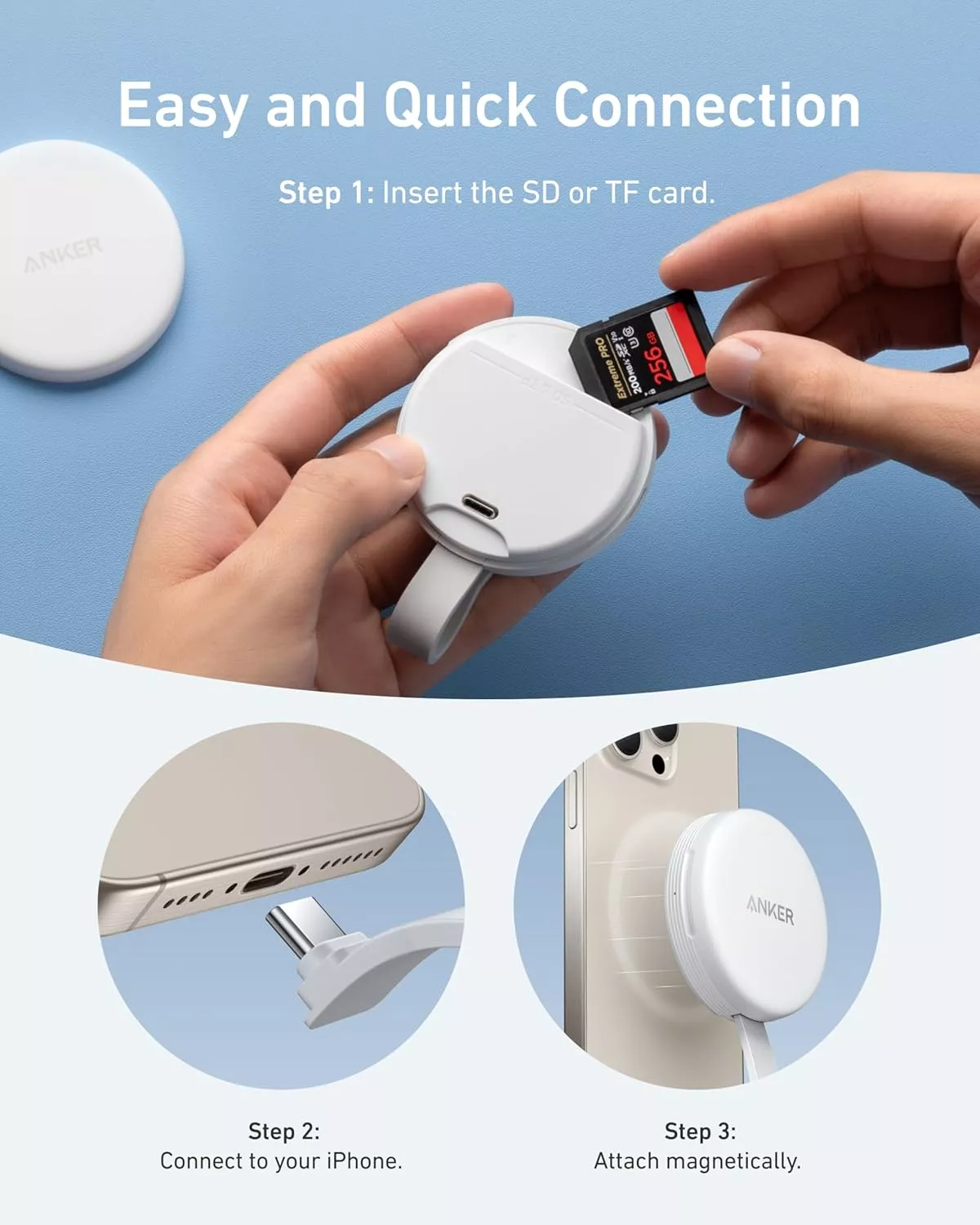 Lecteur de carte USB-C Anker MagGo pour Apple iPhone USB-C, SD - microSD, Blanc A83D1G21