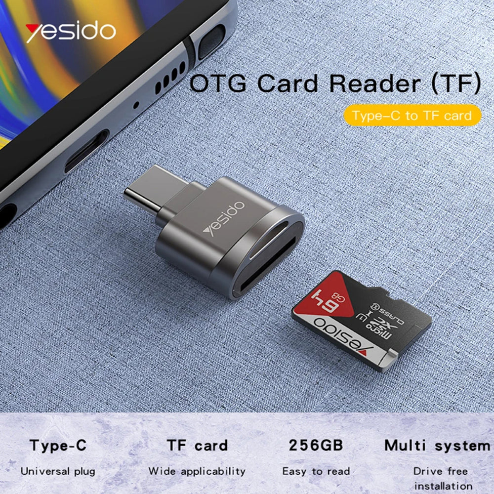 Lecteur de carte USB-C Yesido GS19, USB-A (OTG) - microSD, Gris