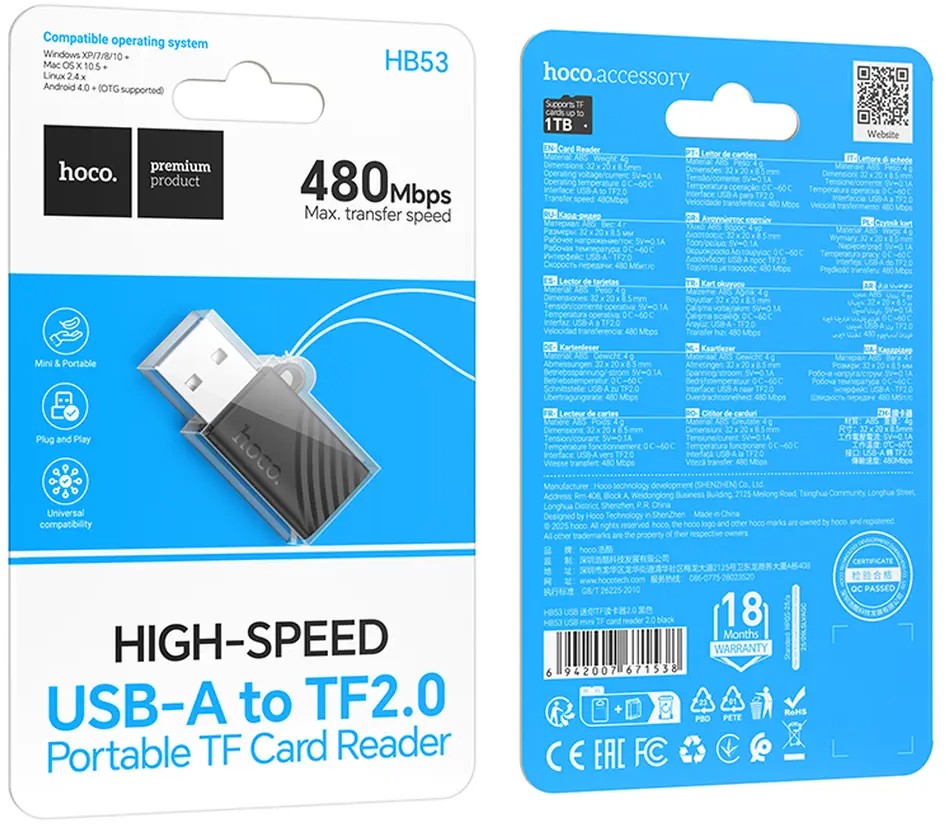 USB-Kartenleser HOCO HB53, microSD, Schwarz
