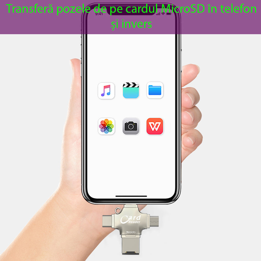 Lecteur de carte USB / USB-C / Lightning / microUSB Yesido GS13, microSD, Argenté