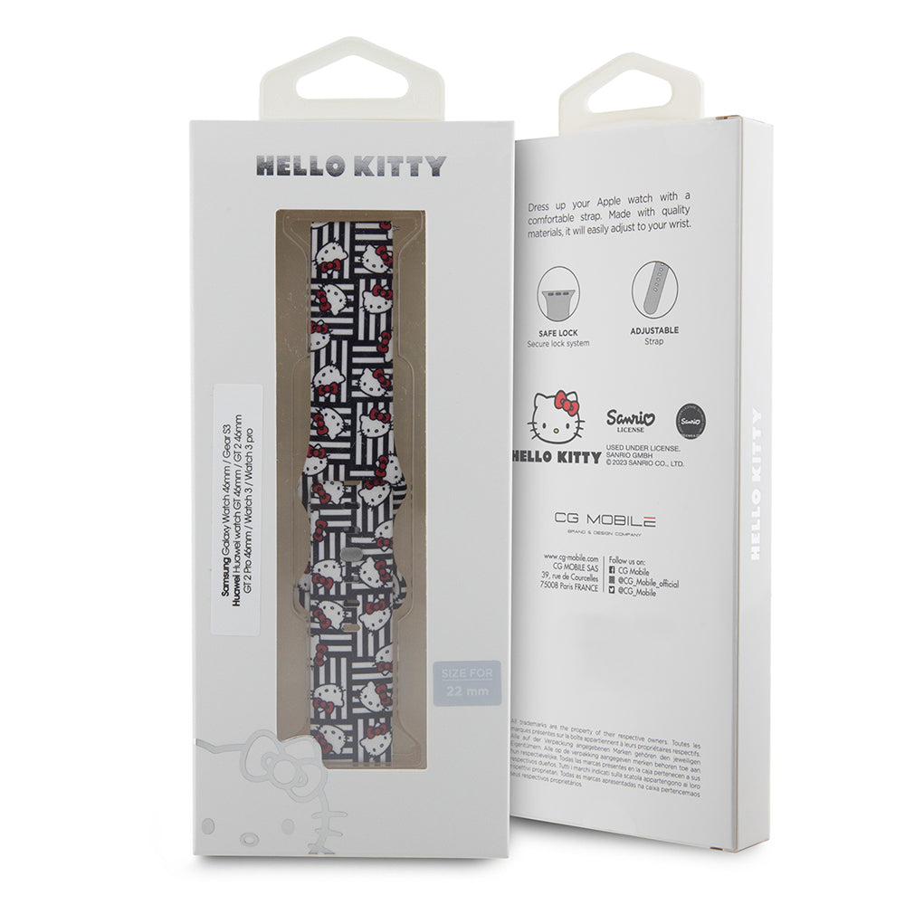 Hello Kitty Silikonarmband Kitty Heads & Stripes für Samsung Galaxy Watch / Huawei Watch Series, Schwarz