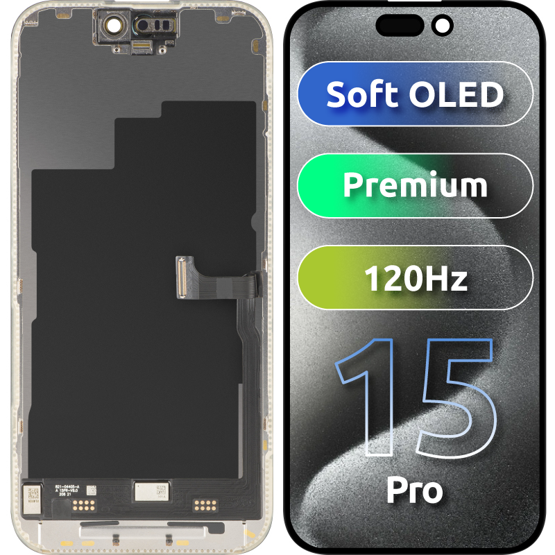 MP Touchscreen Display compatible with Apple iPhone 15 Pro, with Frame, Premium Soft OLED FHD 120Hz Version, Black