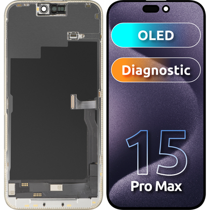 Écran avec Touchscreen MP compatible avec Apple iPhone 15 Pro Max, avec Cadre, Version OLED FHD Diagnostic, Noir