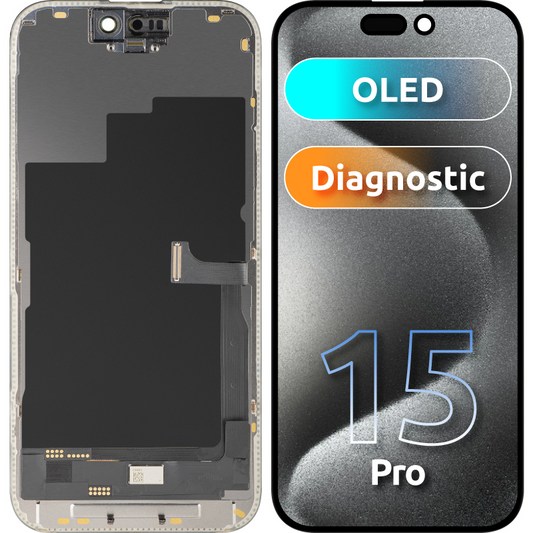 Écran avec écran tactile MP compatible avec Apple iPhone 15 Pro, avec cadre, Version OLED FHD Diagnostic, Noir