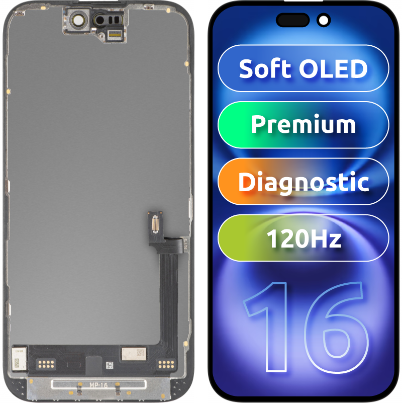 MP Touchscreen-Display kompatibel mit Apple iPhone 16, mit Rahmen, Premium Soft OLED FHD 120Hz Diagnostic Version, Schwarz
