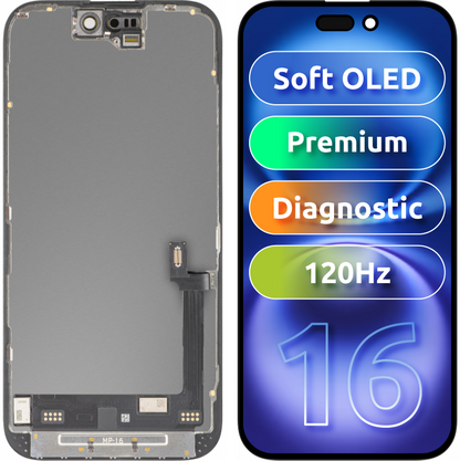 MP Touchscreen-Display kompatibel mit Apple iPhone 16, mit Rahmen, Premium Soft OLED FHD 120Hz Diagnostic Version, Schwarz