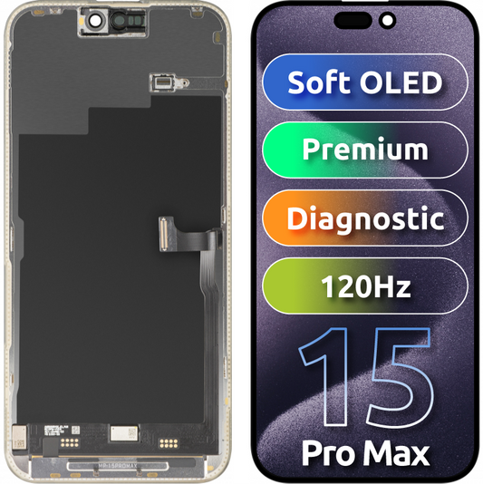 MP Touchscreen-Display kompatibel mit Apple iPhone 15 Pro Max, mit Rahmen, Premium Soft OLED FHD 120Hz Diagnostic Version, Schwarz