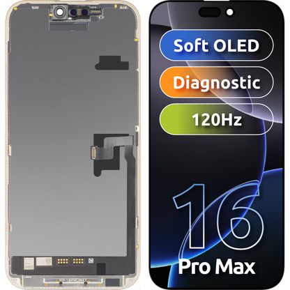 Écran tactile MP compatible avec Apple iPhone 16 Pro Max, avec cadre, version logicielle OLED FHD Diagnostic, noir
