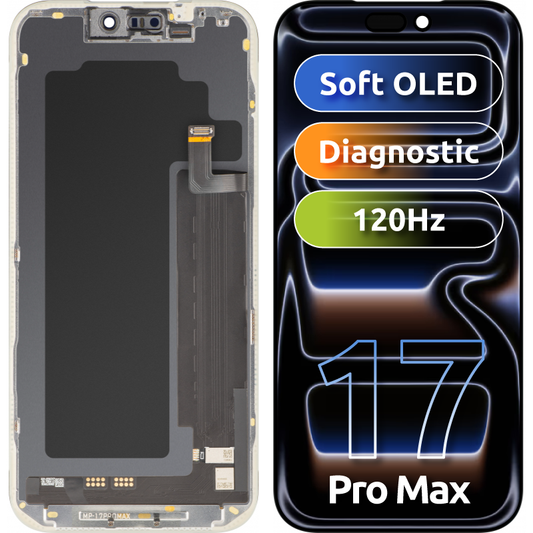 Écran avec écran tactile MP compatible avec Apple iPhone 17 Pro Max, avec cadre, version logicielle OLED FHD Diagnostic, noir