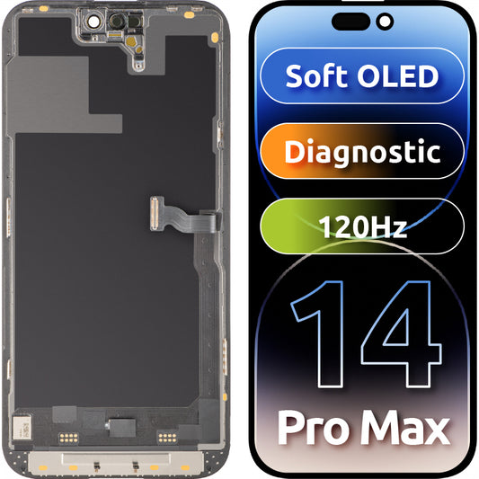 Display mit Touchscreen MP kompatibel mit Apple iPhone 14 Pro Max, mit Rahmen, Soft OLED 120Hz FHD Diagnostic Version, Schwarz