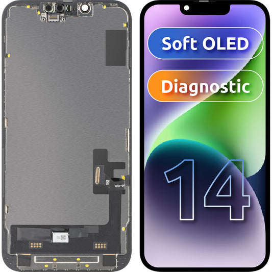 Display mit MP Touchscreen kompatibel mit Apple iPhone 14, mit Rahmen, Soft OLED FHD Diagnostic Version, Schwarz