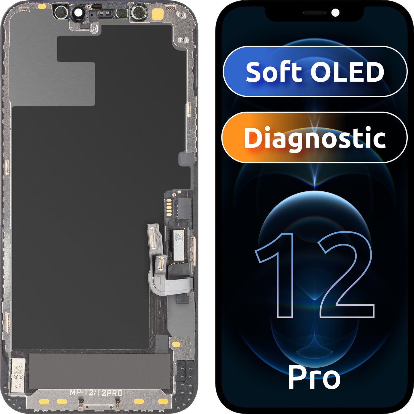 MP Touchscreen-Display kompatibel mit Apple iPhone 12 / 12 Pro, mit Rahmen, Soft-Version OLED FHD Diagnostic, Schwarz
