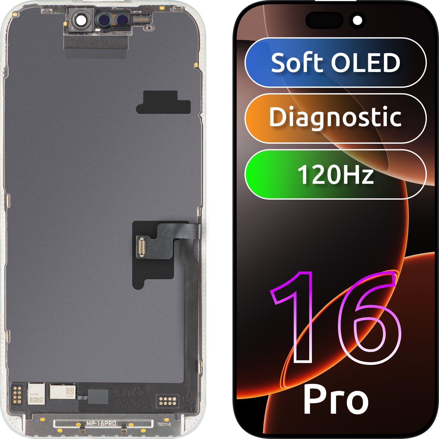 Écran tactile MP compatible avec Apple iPhone 16 Pro, avec cadre, version logicielle OLED FHD 120Hz Diagnostic, noir
