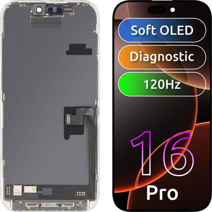 Écran tactile MP compatible avec Apple iPhone 16 Pro, avec cadre, version logicielle OLED FHD 120Hz Diagnostic, noir