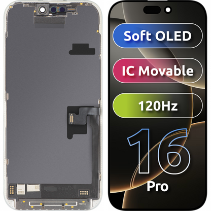 Écran tactile MP compatible avec Apple iPhone 16 Pro, avec cadre, version Soft OLED FHD 120Hz IC Movable, Noir
