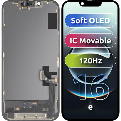 MP Touchscreen-Display kompatibel mit Apple iPhone 17e / 16e, mit Rahmen, Soft OLED FHD IC Movable Version, Schwarz