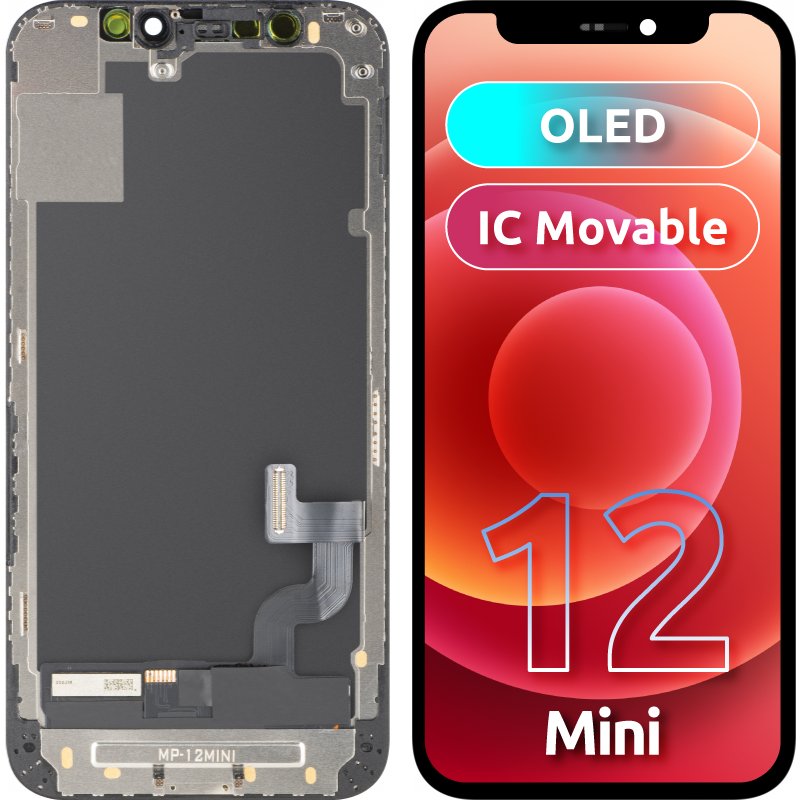 MP Touchscreen-Display kompatibel mit Apple iPhone 12 mini, mit Rahmen, OLED FHD IC Movable Version, Schwarz