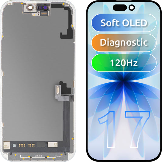 MP Touchscreen-Display kompatibel mit Apple iPhone 17, mit Rahmen, Soft-Version OLED FHD 120Hz Diagnostik, Schwarz