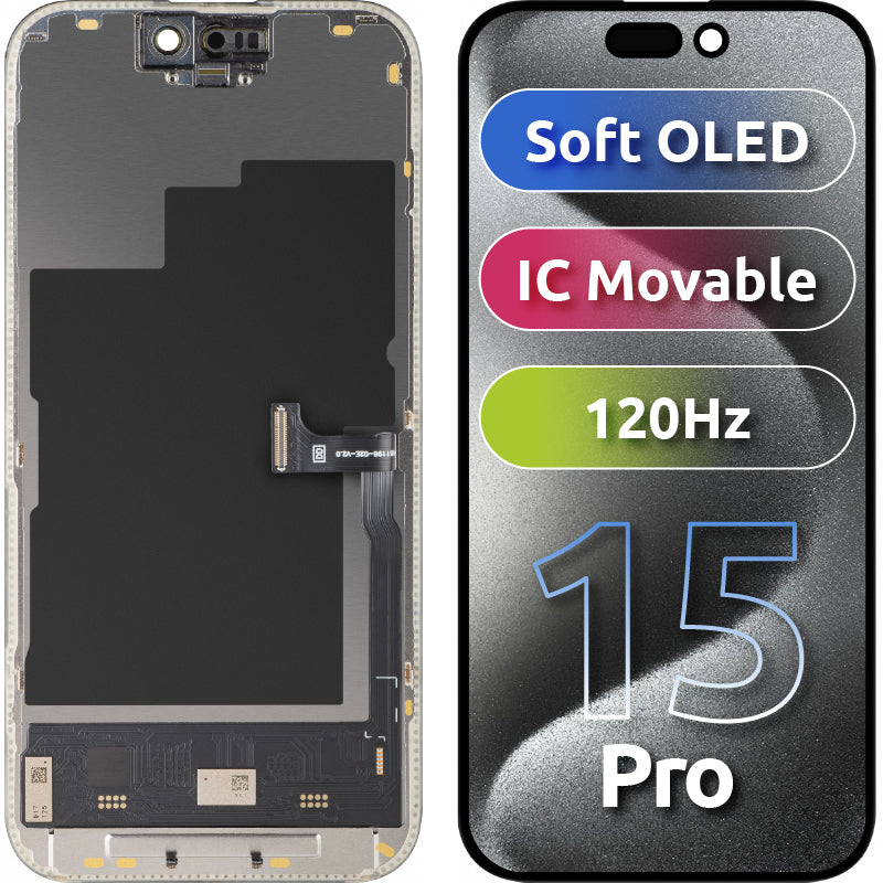 Écran tactile MP compatible avec Apple iPhone 15 Pro, avec cadre, Version Soft OLED IC Movable 120Hz FHD, Noir