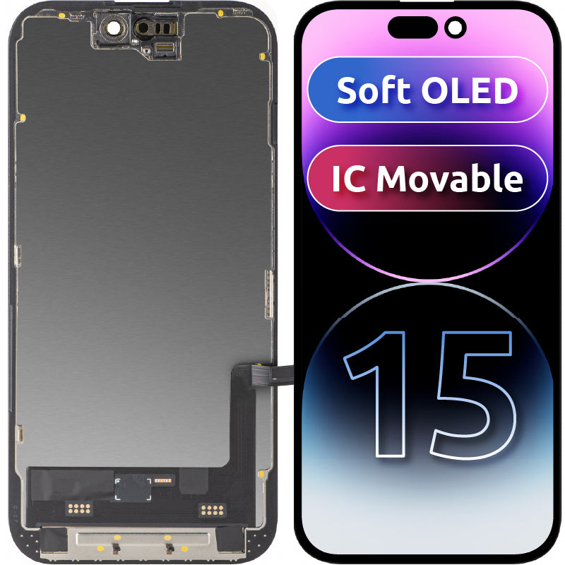 Écran tactile MP compatible avec Apple iPhone 15, avec cadre, version Soft OLED FHD IC Movable, Noir