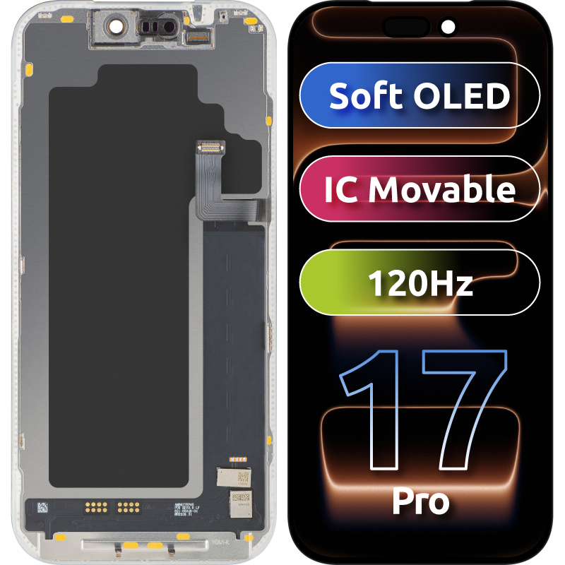 Écran tactile MP compatible avec Apple iPhone 17 Pro, avec cadre, version Soft OLED FHD 120Hz IC déplaçable, noir