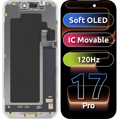 Écran tactile MP compatible avec Apple iPhone 17 Pro, avec cadre, version Soft OLED FHD 120Hz IC déplaçable, noir