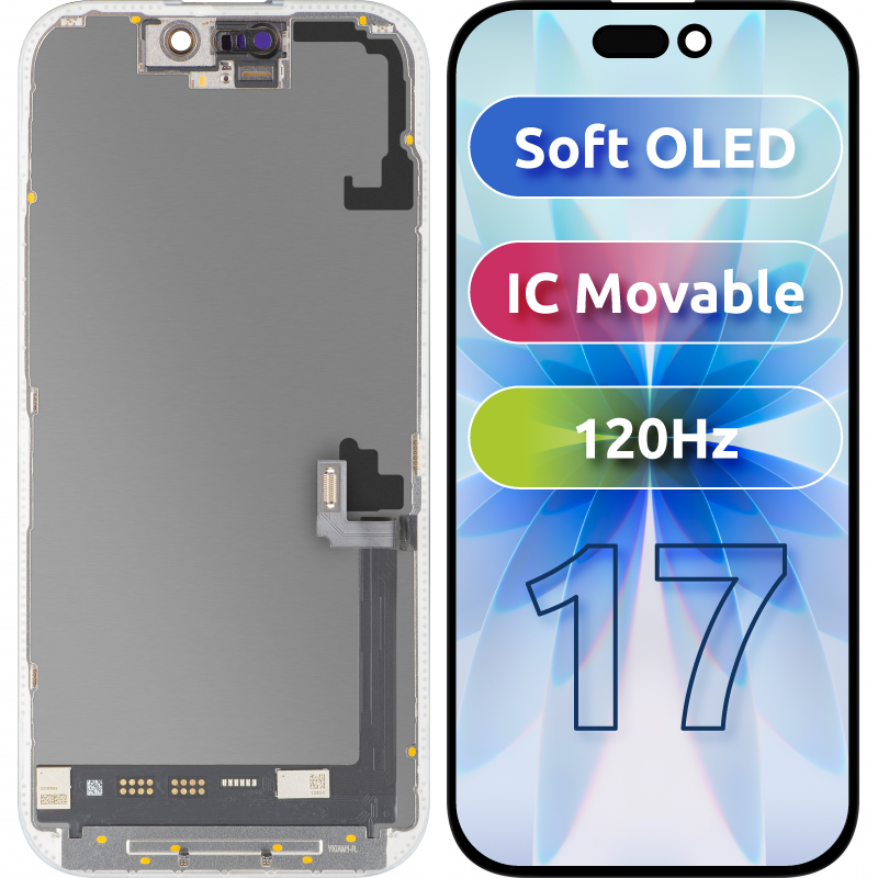Écran tactile MP compatible avec Apple iPhone 17, avec cadre, version Soft OLED FHD 120Hz IC déplaçable, noir