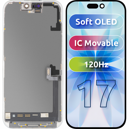 MP Touchscreen-Display kompatibel mit Apple iPhone 17, mit Rahmen, Soft OLED FHD 120Hz IC Movable Version, Schwarz