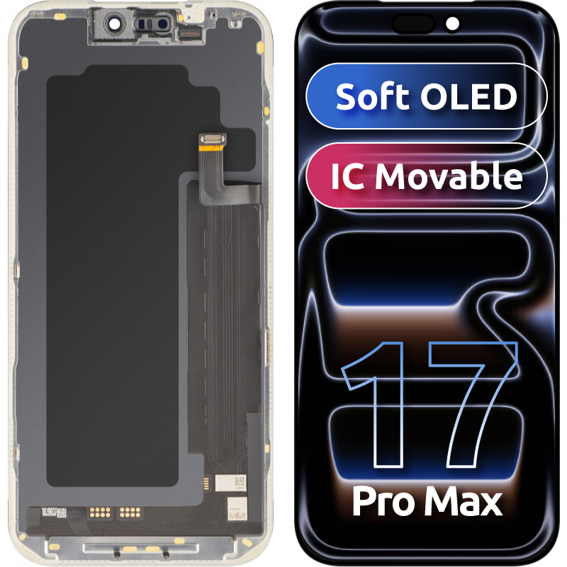 MP Touchscreen-Display kompatibel mit Apple iPhone 17 Pro Max, mit Rahmen, Soft OLED FHD IC Movable Version, Schwarz