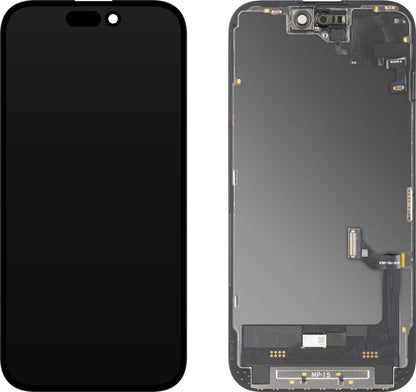 Touchscreen-Display mit MP-Näherungssensor kompatibel mit Apple iPhone 15, mit Rahmen, OLED FHD Diagnostic Softwareversion, Schwarz