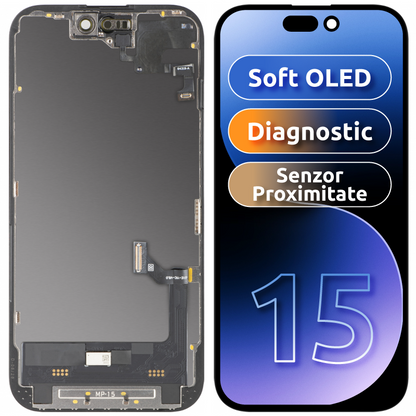 Touchscreen-Display mit MP-Näherungssensor kompatibel mit Apple iPhone 15, mit Rahmen, OLED FHD Diagnostic Softwareversion, Schwarz