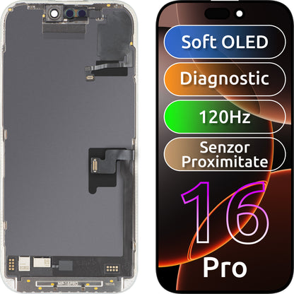 Touchscreen-Display mit Licht-Näherungssensor MP kompatibel mit Apple iPhone 16 Pro, mit Rahmen, OLED FHD 120Hz Diagnosesoftware-Version, Schwarz