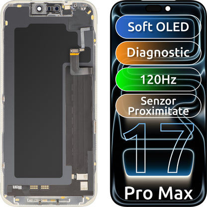 Écran avec écran tactile et capteur de proximité lumière MP compatible avec Apple iPhone 17 Pro Max, avec cadre, version logicielle OLED FHD 120Hz Diagnostic, noir