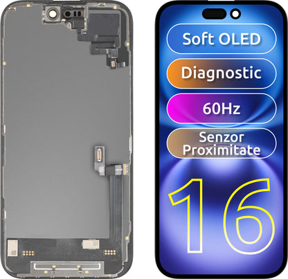 Touchscreen-Display mit Näherungssensor MP kompatibel mit Apple iPhone 16, mit Rahmen, OLED FHD Diagnosesoftware-Version, Schwarz
