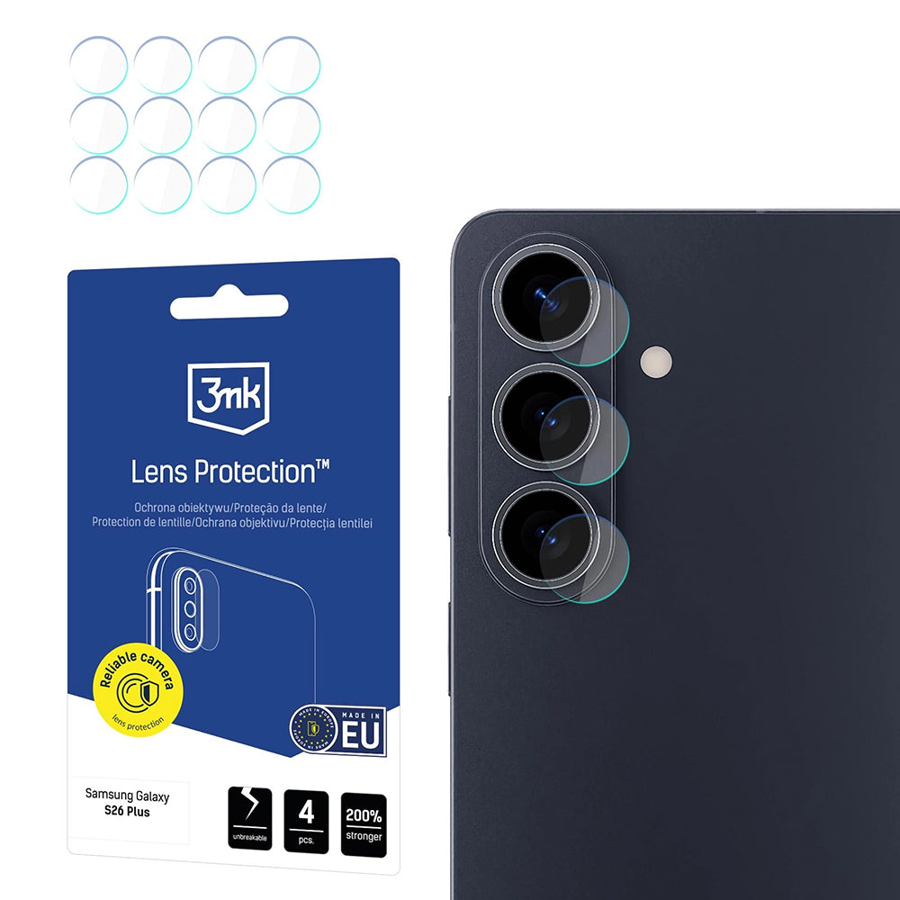 Schutzfolie Rückkamera 3MK Protection für Samsung Galaxy S26 Plus S947, Gehärtetes Glas, Set 4 Stück, Transparent