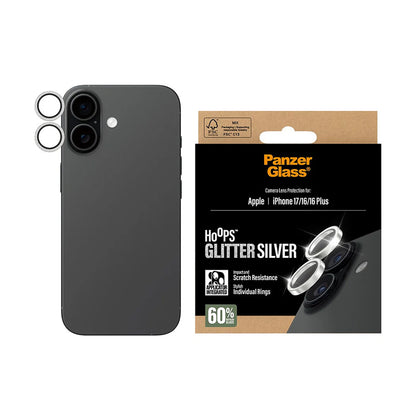 Film de protection pour caméra arrière PanzerGlass Hoops Glitter pour Apple iPhone 17 / 16 Plus / 16, Verre Trempé, Argenté