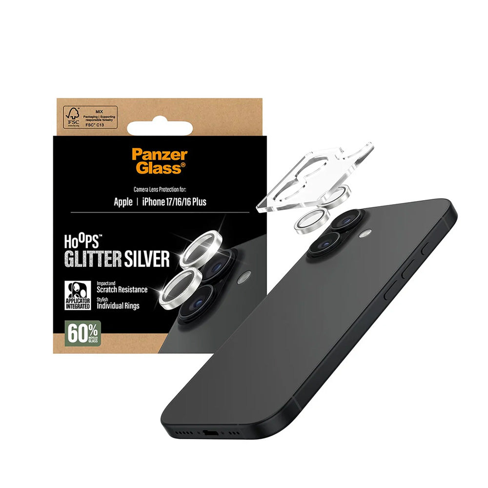 Film de protection pour caméra arrière PanzerGlass Hoops Glitter pour Apple iPhone 17 / 16 Plus / 16, Verre Trempé, Argenté