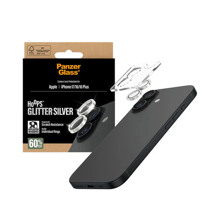 Film de protection pour caméra arrière PanzerGlass Hoops Glitter pour Apple iPhone 17 / 16 Plus / 16, Verre Trempé, Argenté