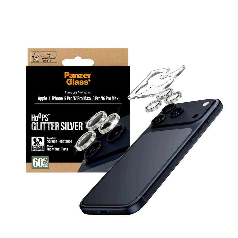 Schutzfolie PanzerGlass Hoops Glitter für die Rückkamera des Apple iPhone 17 Pro Max / 17 Pro / 16 Pro Max / 16 Pro, gehärtetes Glas, Silberfarben