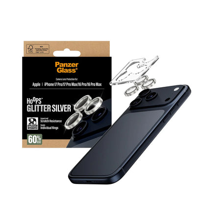Schutzfolie PanzerGlass Hoops Glitter für die Rückkamera des Apple iPhone 17 Pro Max / 17 Pro / 16 Pro Max / 16 Pro, gehärtetes Glas, Silberfarben