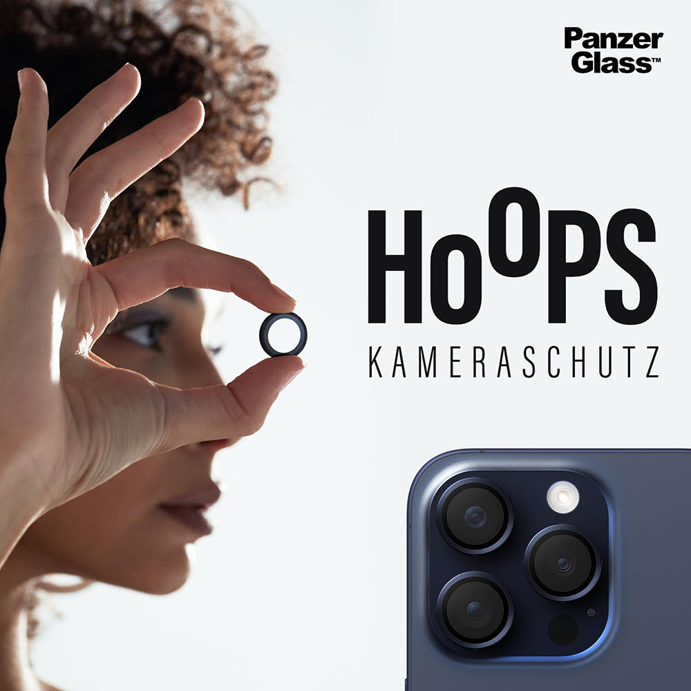 Schutzfolie PanzerGlass Hoops Glitter für die Rückkamera des Apple iPhone 17 Pro Max / 17 Pro / 16 Pro Max / 16 Pro, gehärtetes Glas, Silberfarben