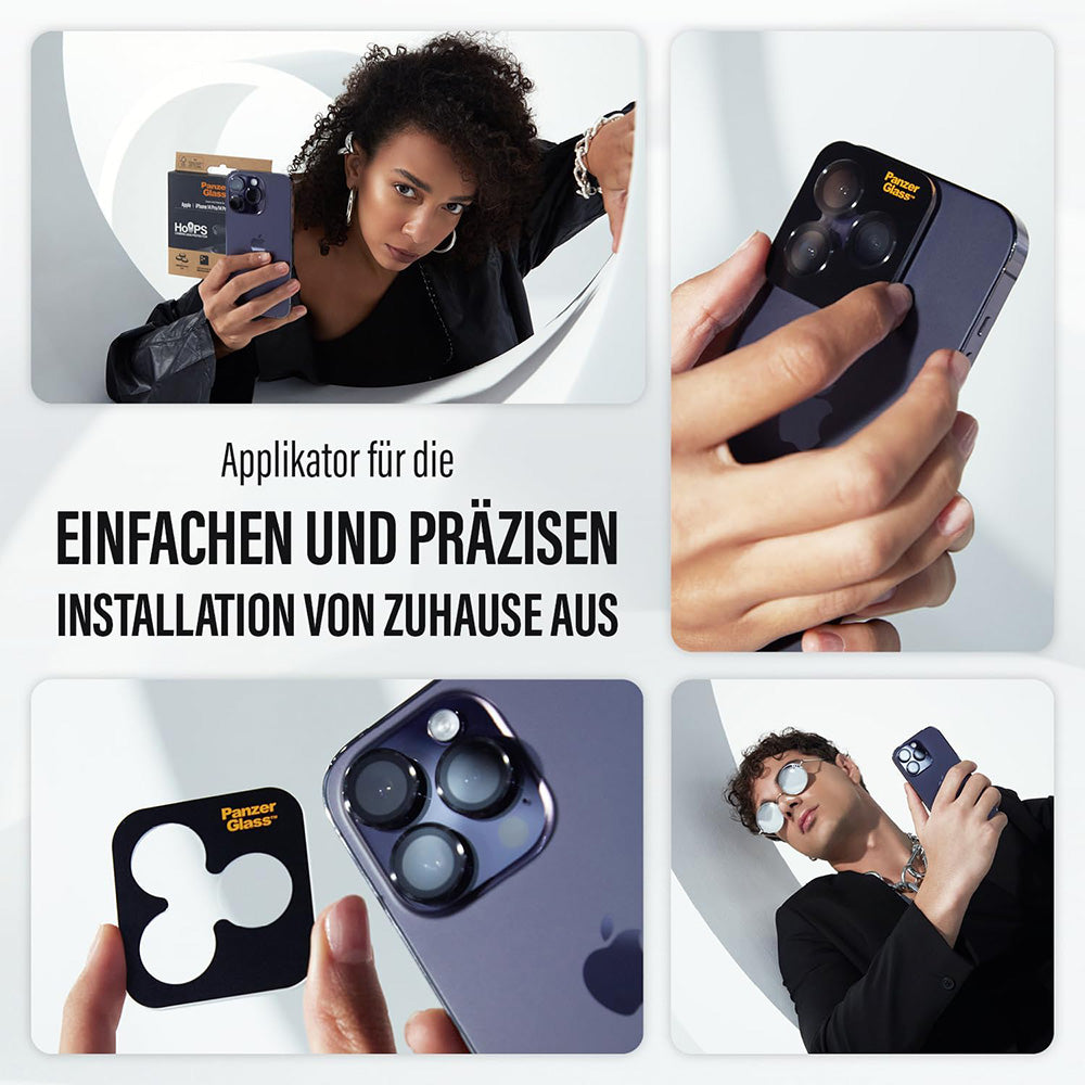 Schutzfolie PanzerGlass Hoops Glitter für die Rückkamera des Apple iPhone 17 Pro Max / 17 Pro / 16 Pro Max / 16 Pro, gehärtetes Glas, Silberfarben