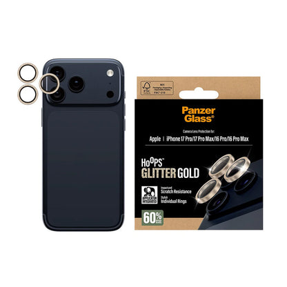 Schutzfolie PanzerGlass Hoops Glitter für die Rückkamera des Apple iPhone 17 Pro Max / 17 Pro / 16 Pro Max / 16 Pro, gehärtetes Glas, Goldfarben