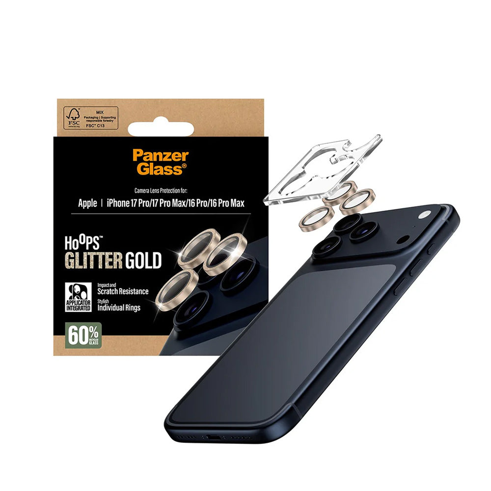 Schutzfolie PanzerGlass Hoops Glitter für die Rückkamera des Apple iPhone 17 Pro Max / 17 Pro / 16 Pro Max / 16 Pro, gehärtetes Glas, Goldfarben