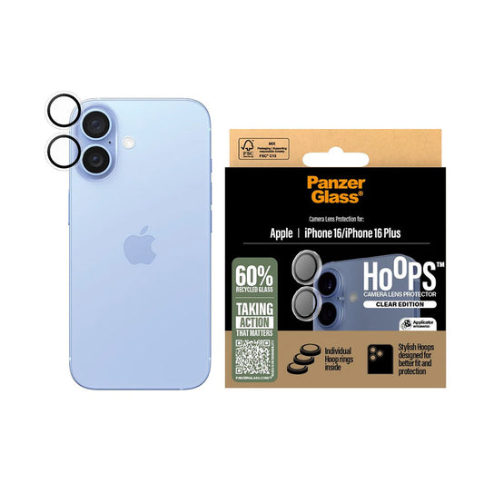 Film de protection pour caméra arrière PanzerGlass Hoops pour Apple iPhone 16 Plus / 16, Verre Trempé, Transparent