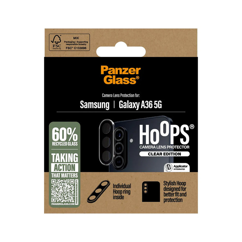 Schutzfolie PanzerGlass Hoops für die Rückkamera des Samsung Galaxy A36 A366, gehärtetes Glas, Transparent